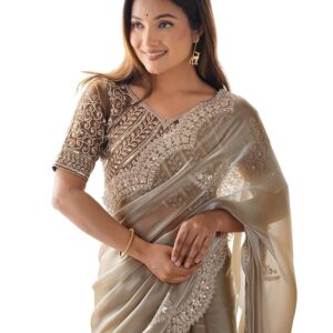 SIRIL Women's Organza Sequins Embroidery Scollped Border Saree With Unstitched Blouse Piece
